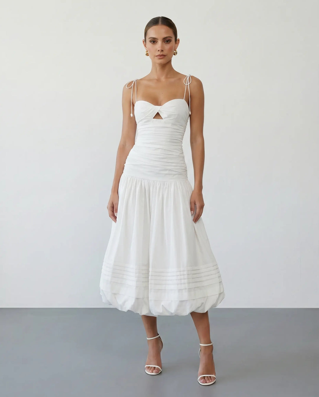 SOLACE  White Sleeveless Ruched Bustier Bubble Hem Midi Dress 
