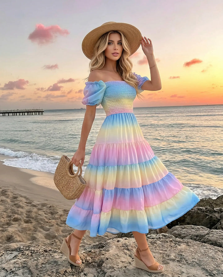 SOLACE  Rainbow Gradient Off-Shoulder Tiered Midi Dress 