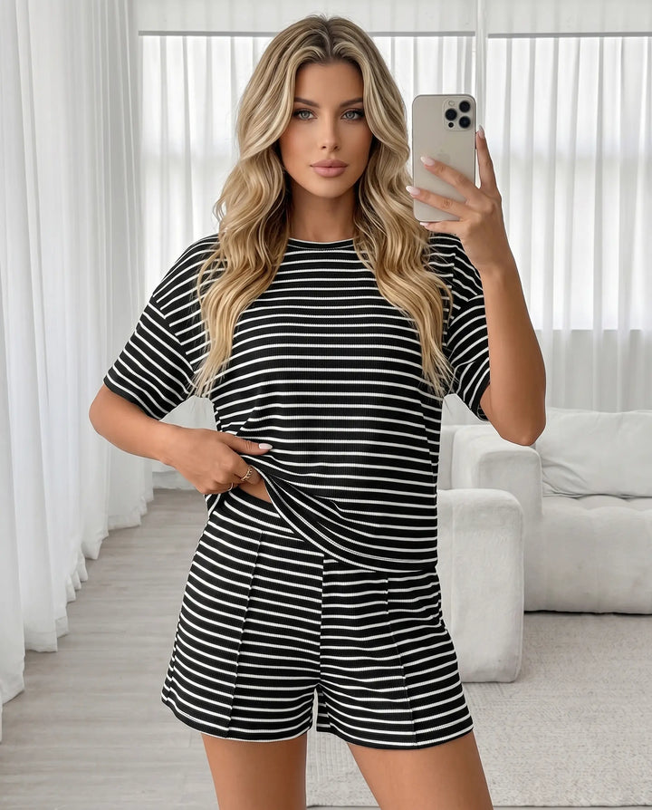 SOLACE  Black White Casual Ribbed Knit Relaxed Fit Short Set 