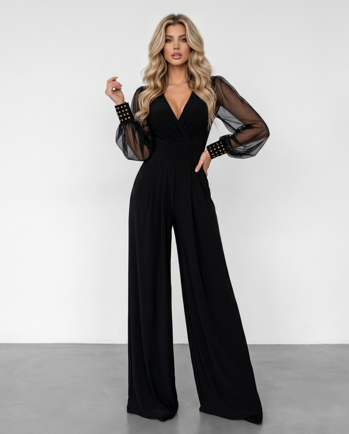 SOLACE  Black Sheer Mesh Sleeve Studded Cuff Slim Fit Long Jumpsuit 