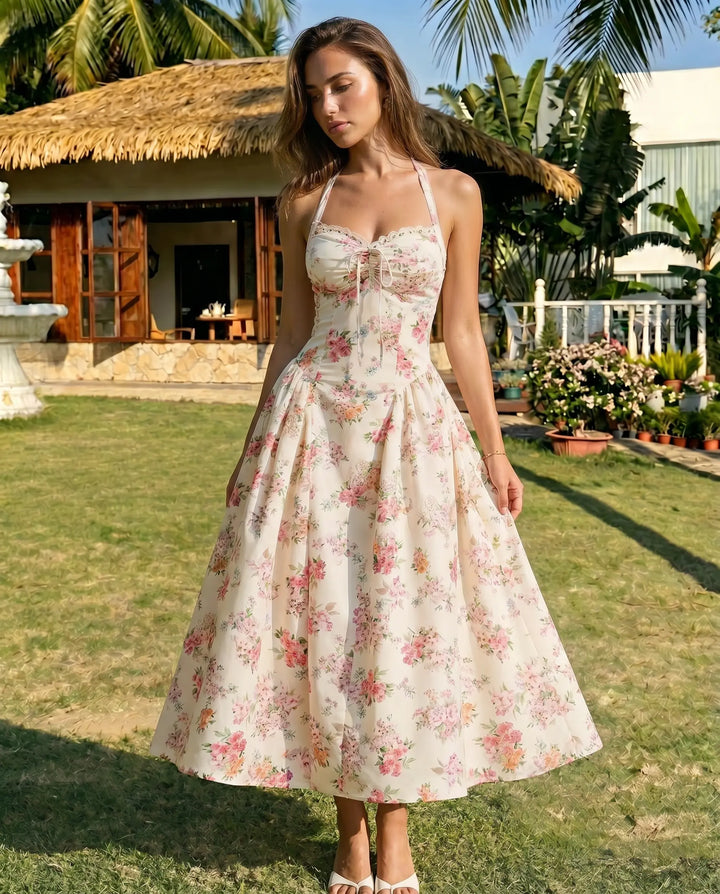 SOLACE  Cream Floral Halter Neck Lace Trim Midi Dress 