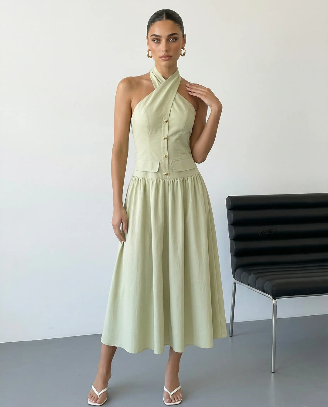 SOLACE  Light Green Halter Neck Bow Back Midi Dress 
