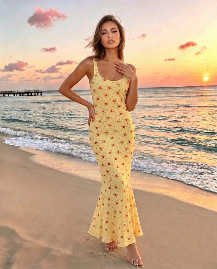 SOLACE  Yellow Floral Print Sleeveless Maxi Dress 