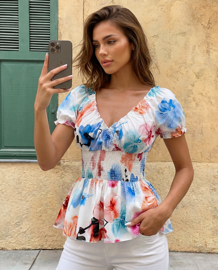 SOLACE  Colorful Floral V-Neck Puff Sleeve Smocked Peplum Blouse 