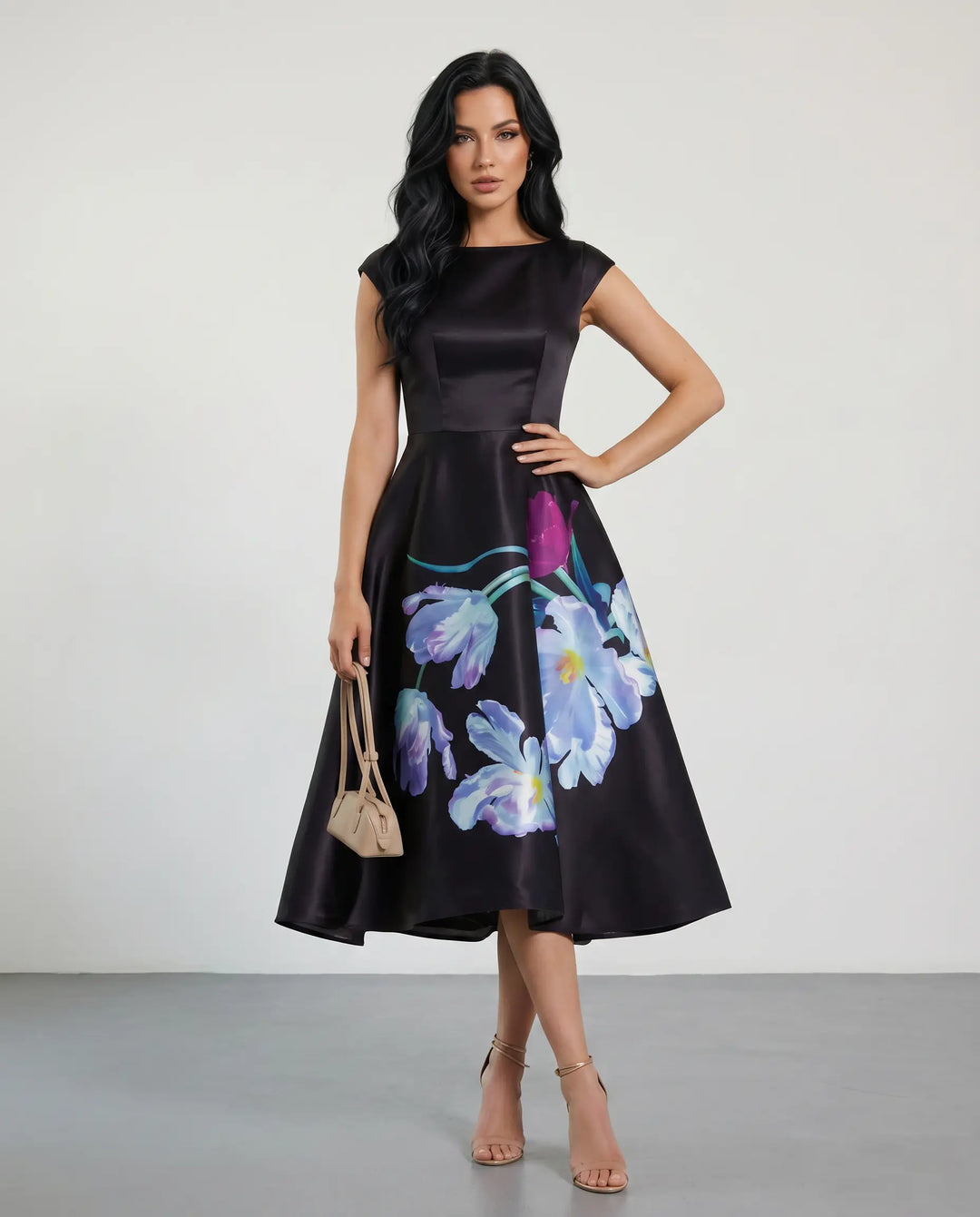 SOLACE  Black Floral Print Cap Sleeve Midi Dress 