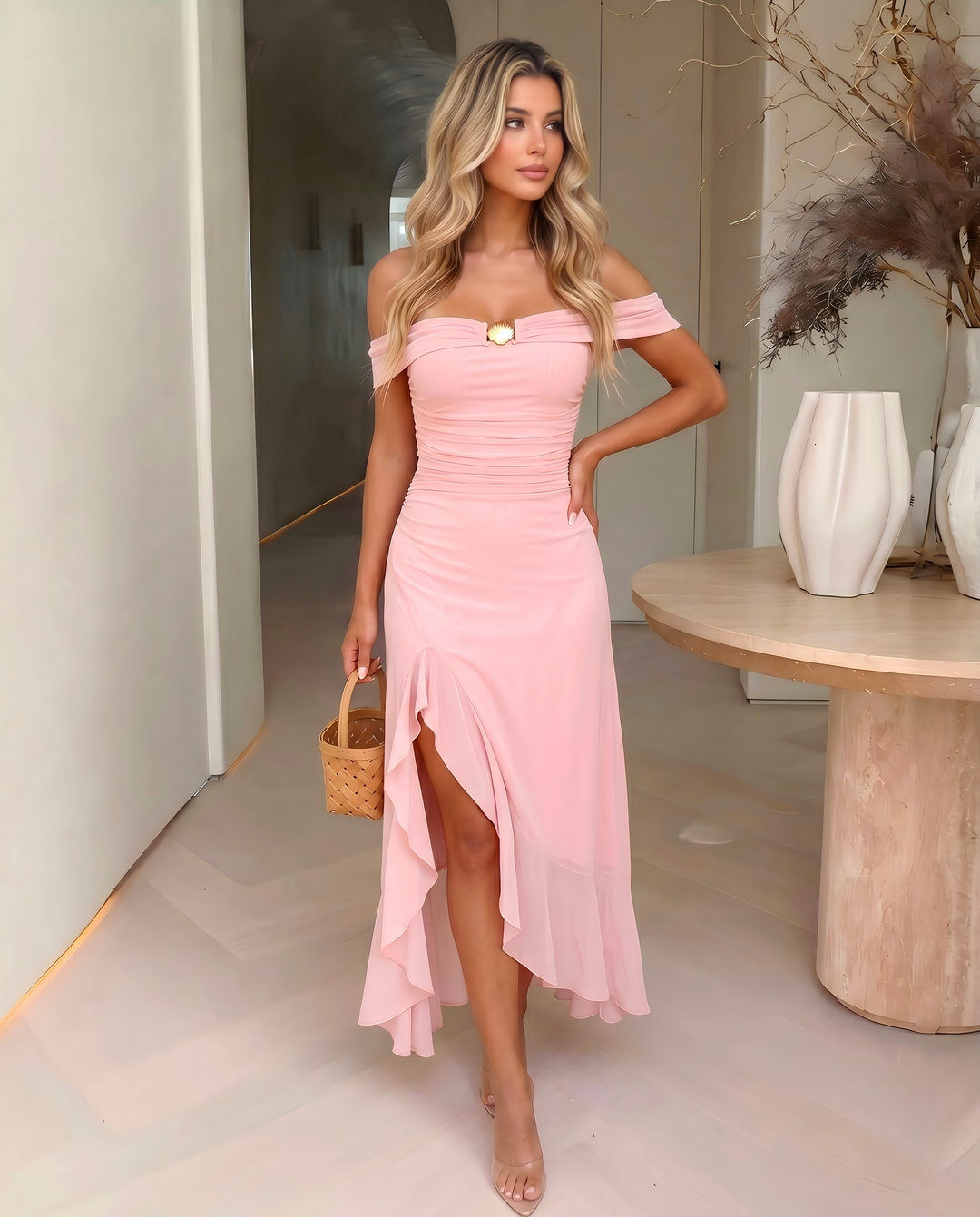 Blush Pink Off Shoulder Ruched Ruffle Slit Midi Dress