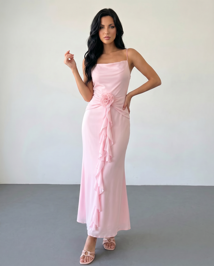 Pink Satin Spaghetti Strap Ruffle Mermaid Maxi Dress