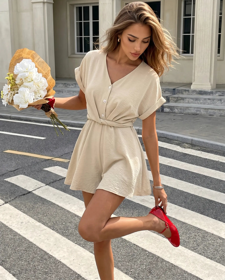 SOLACE  Beige Twist Front Button Down Regular Fit Mini Dress 