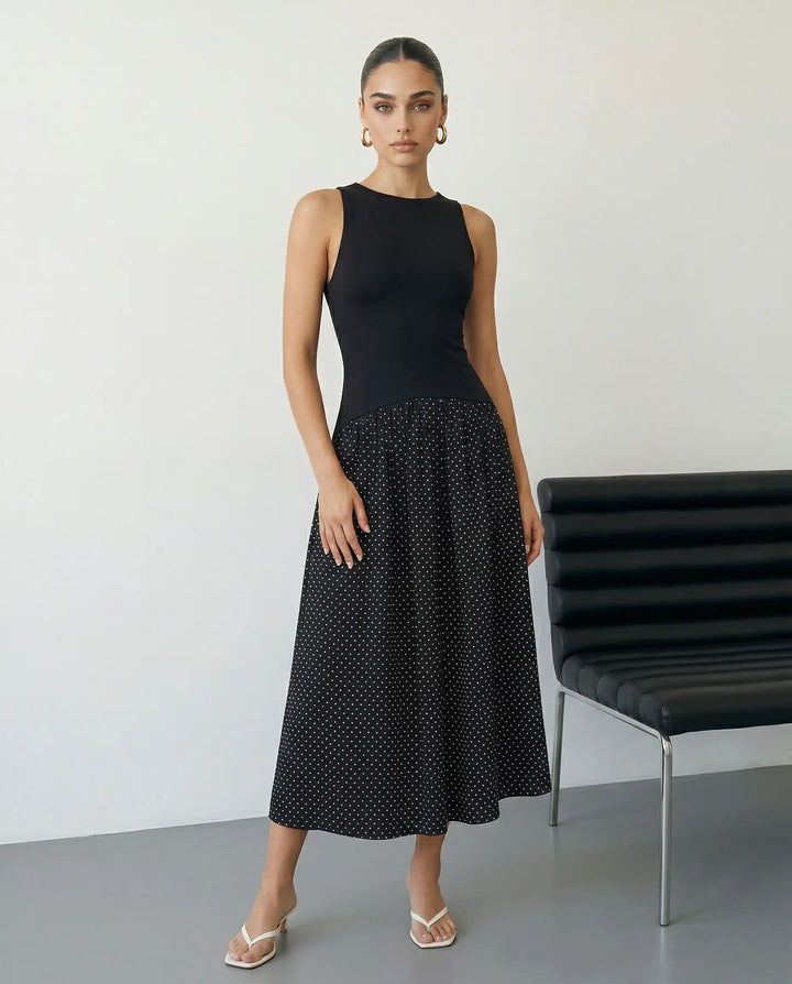 SOLACE  Black Polka Dot Sleeveless Knit Top and Skirt Midi Dress 