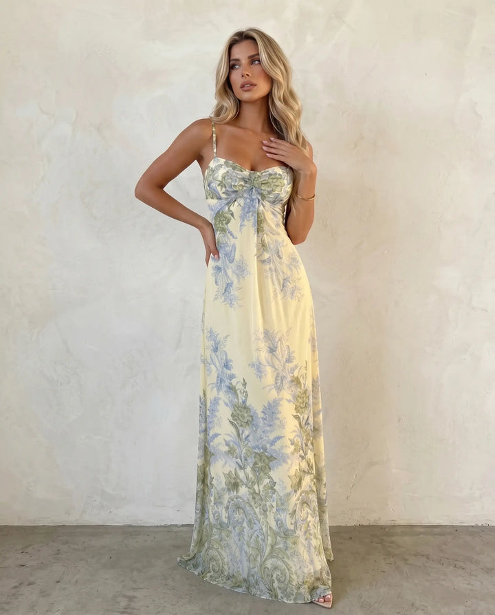 SOLACE  Yellow Floral Print Chiffon Maxi Dress 