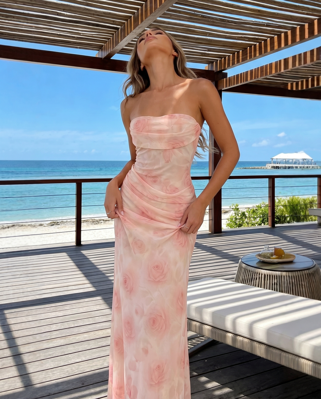 SOLACE  Pink Rose Print Strapless Ruched Mermaid Maxi Dress 