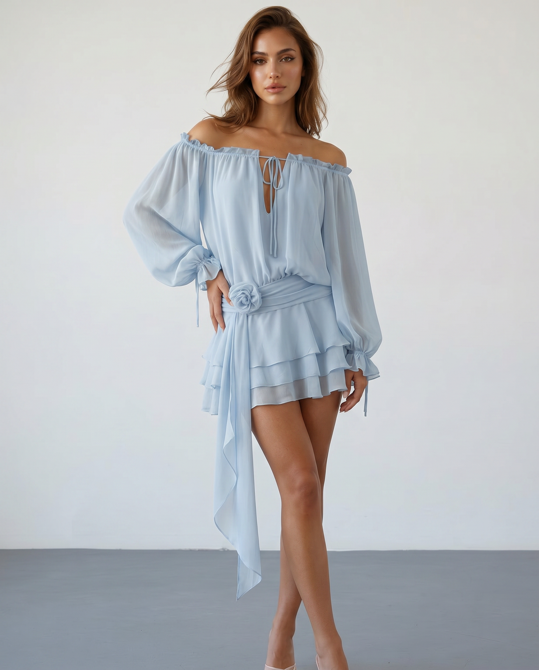 SOLACE  Beige Off-Shoulder Balloon Sleeve Ruffled with Floral Sash Mini Dress 
