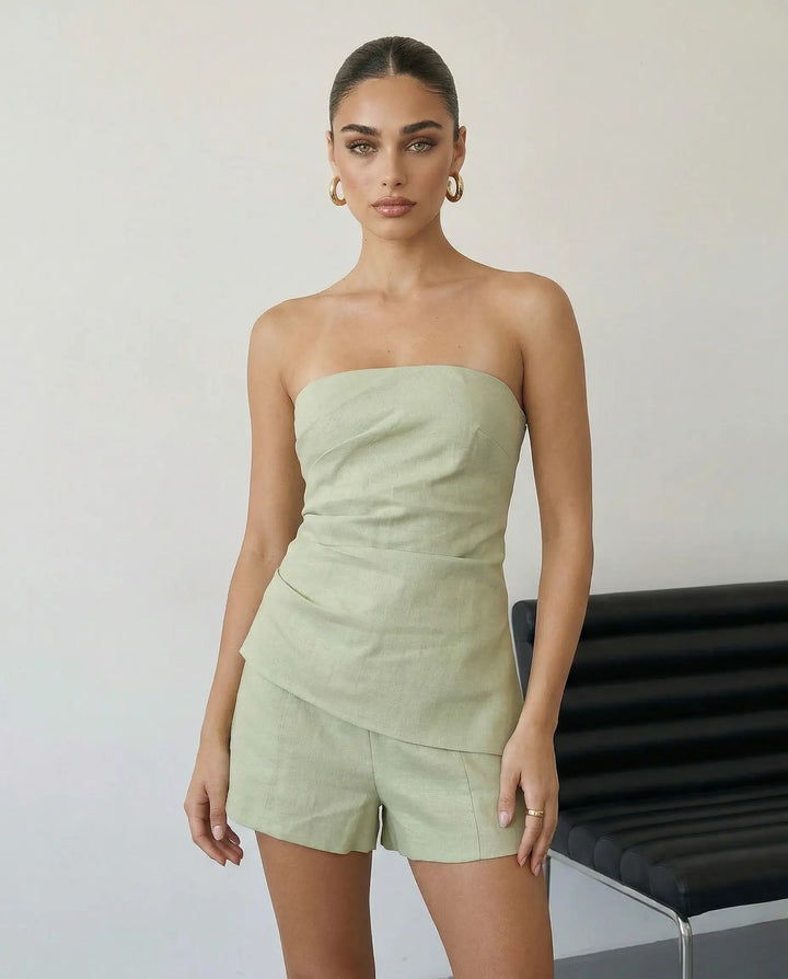 SOLACE  Green Linen Strapless Top and Shorts Two-Piece Set 