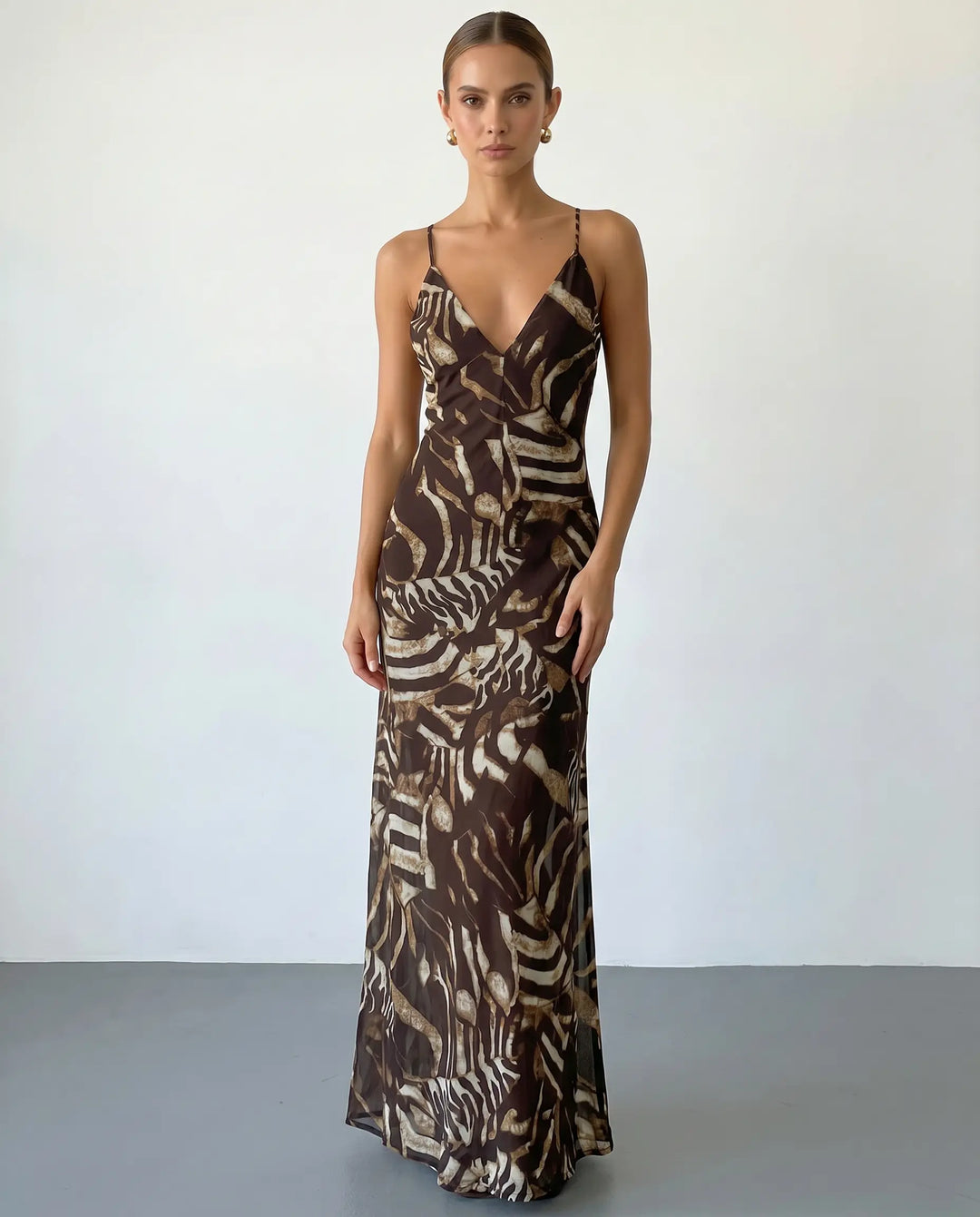 SOLACE  Brown Abstract Print Spaghetti Strap Maxi Dress 