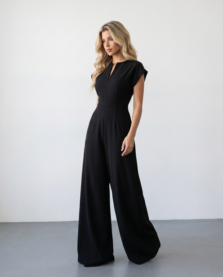 SOLACE  Black Fitted Waist Full Length Jumpsuit 