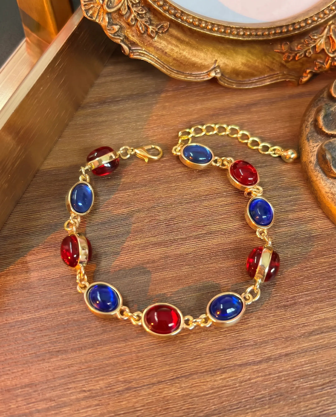 SOLACE  Gold Tone Alternating Red Blue Cabochon Alloy Bracelet 