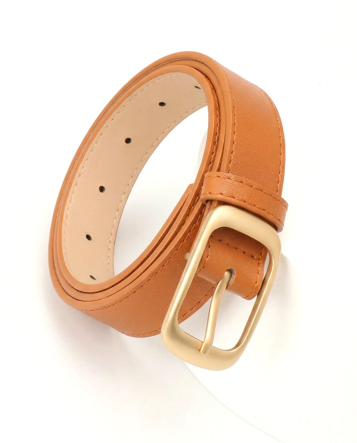 SOLACE  Camel Faux Leather Gold Buckle Classic Casual Belt 