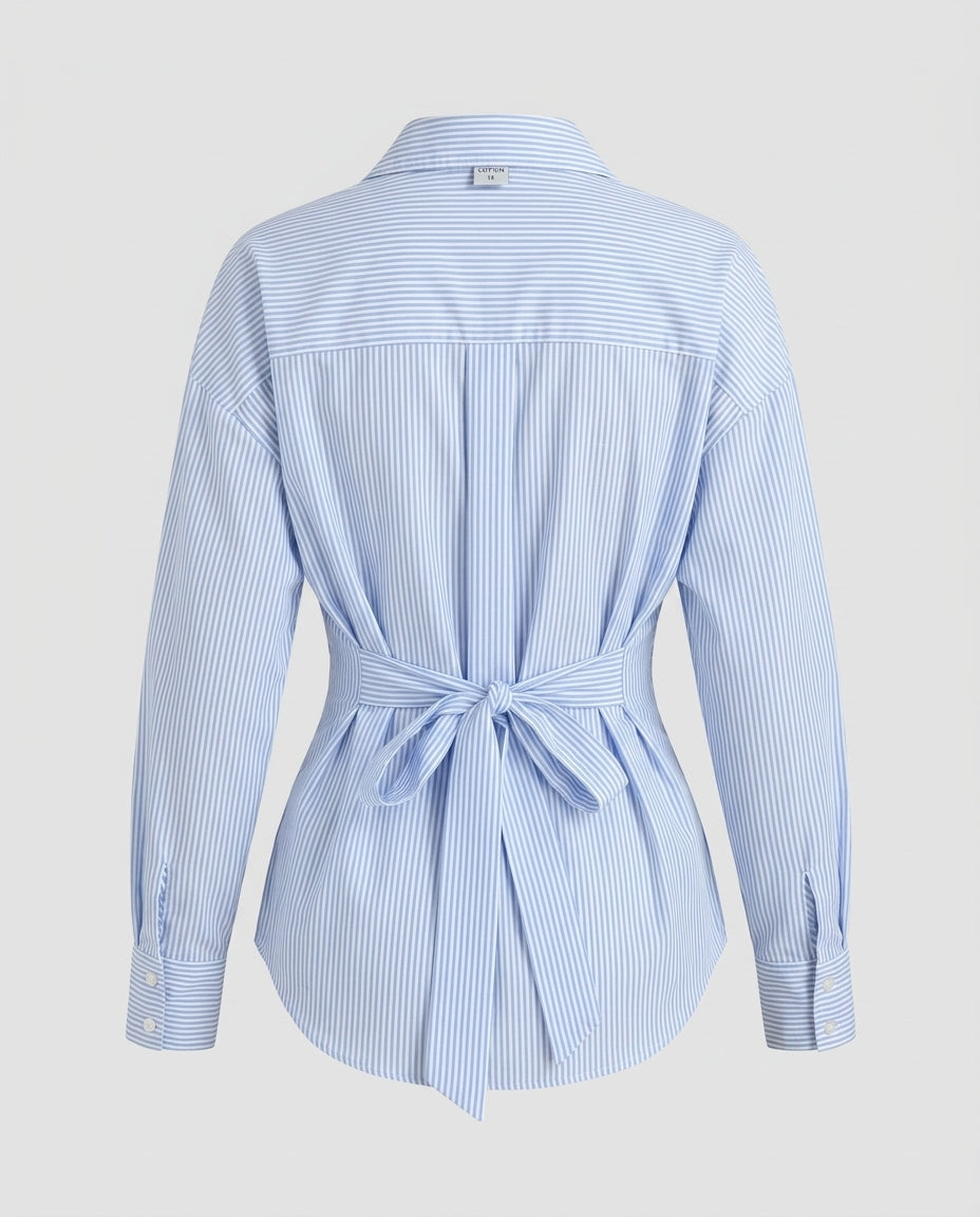 Waist Tie Striped Collared Blouse