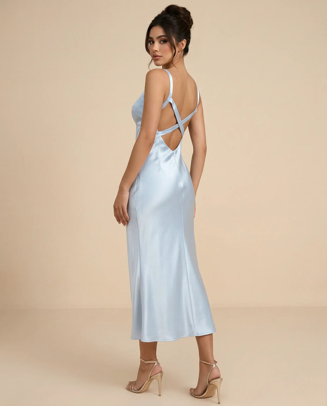 SOLACE  Light Blue Satin Fabric Slim Fit Midi Slip Dress 
