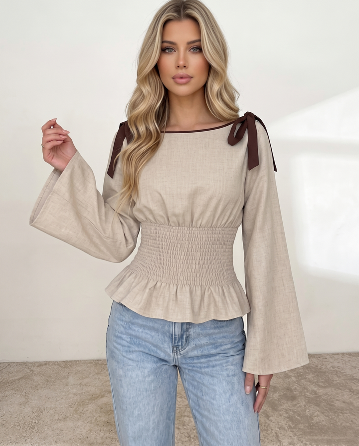 Contrast Bow Detail Long Flare Sleeve Blouse