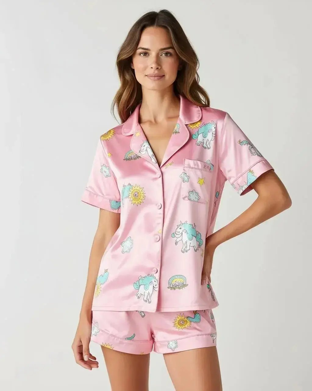 SOLACE CHICDreamy Unicorn Print Pink Ice Silk Pajama Set