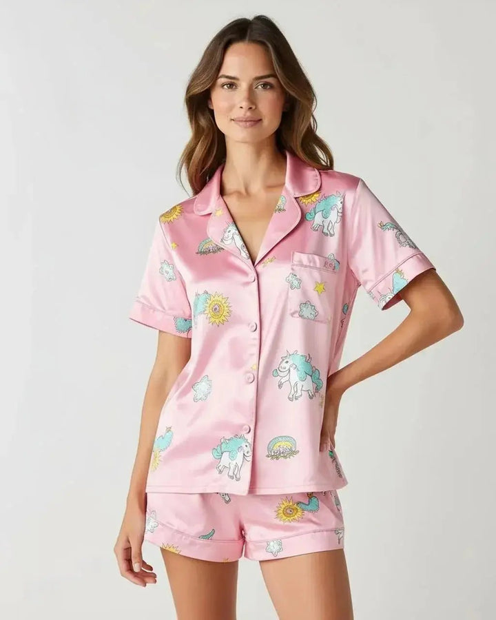 SOLACE CHICDreamy Unicorn Print Pink Ice Silk Pajama Set