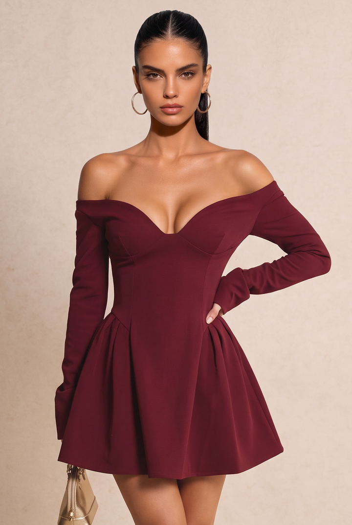 Elegant High Waist V Neck Off Shoulder Long Sleeve Evening Mini Dress
