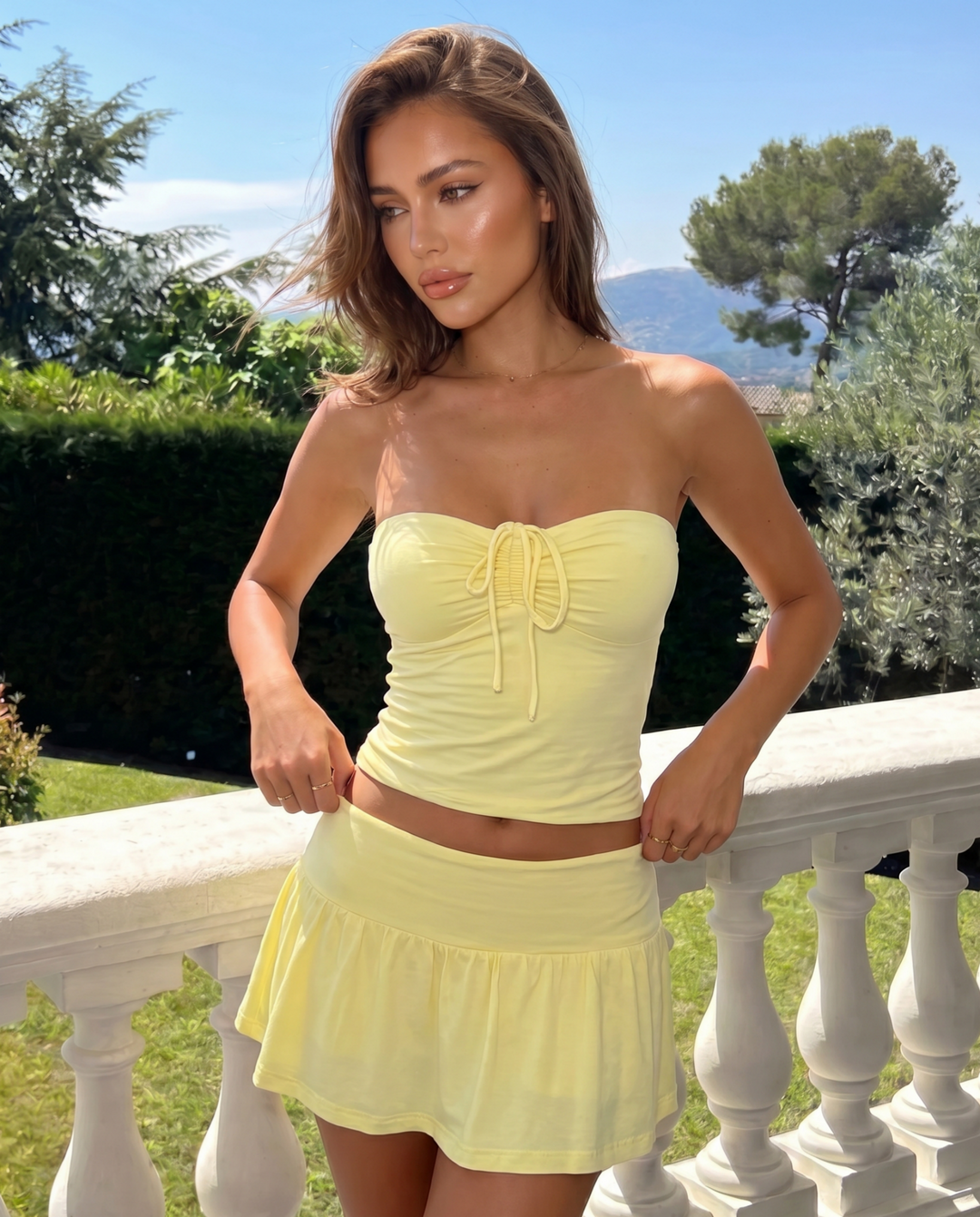 Pale Yellow Ruched Drawstring Tube Top Mini Skirt Set