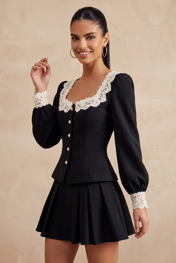Black Lace Trim U-Neck Pearl Button Two Piece Skirt Set