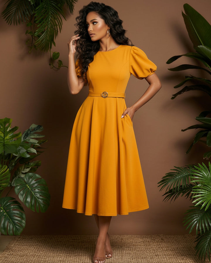 SOLACE  Yellow Puff Sleeve Round Neck Belted A-Line Midi Dress 