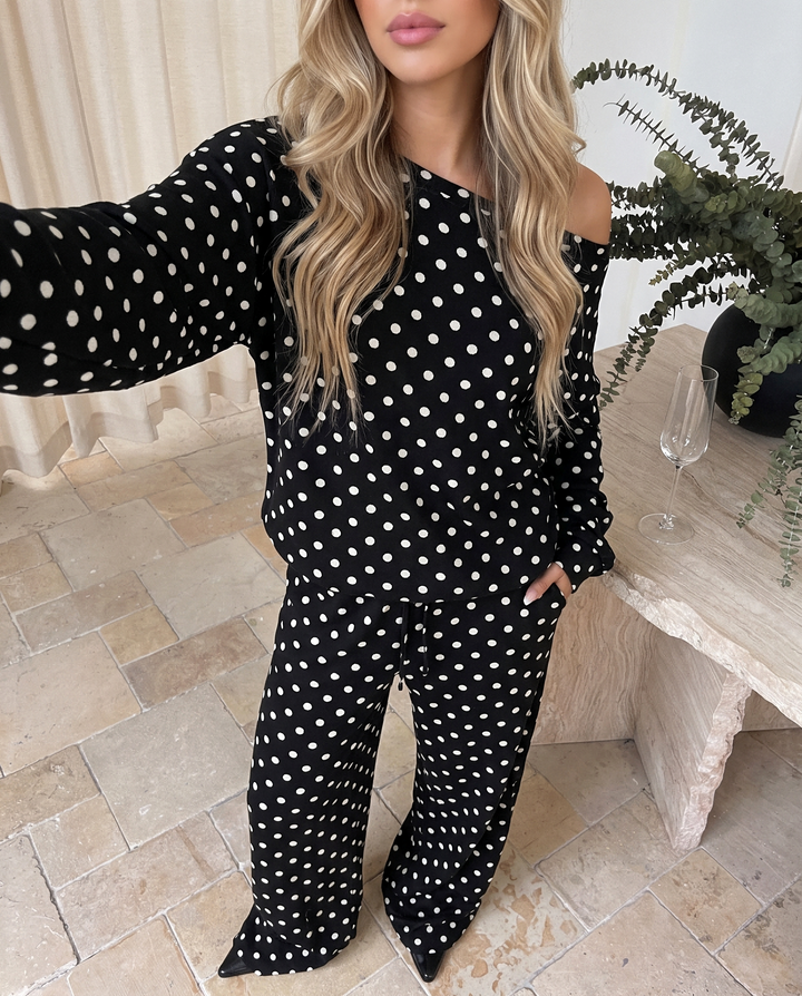 Casual Loose Long Sleeve Polka Dot Two Piece Outfit