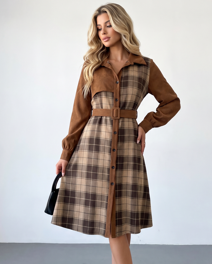Retro Corduroy Belted A‑Line Dress