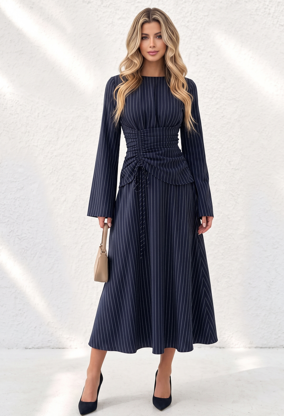 Round Neck Drawstring Side Pinstripe Midi Dress