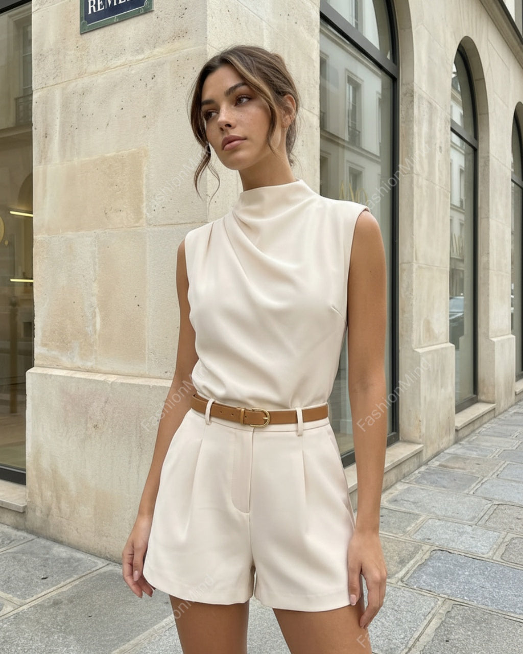 Beige Draped High Neck Sleeveless Top Tailored Shorts Casual Set