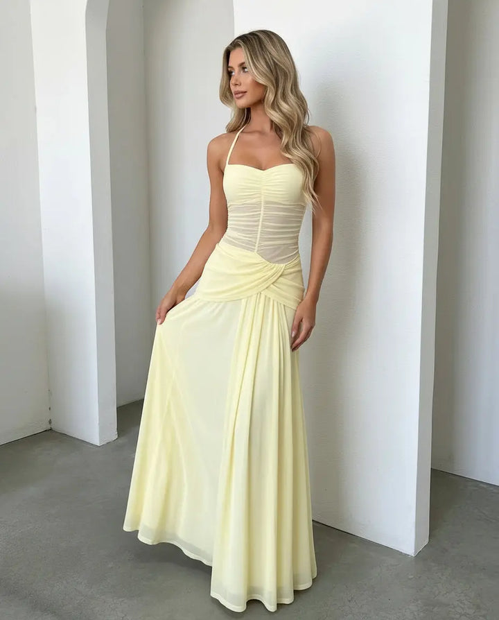 SOLACE  Yellow Halter Neck Mesh Ruched Backless Draped Maxi Dress 
