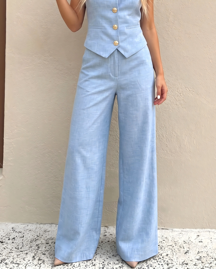 Blue Textured Fabric Gold Button Sleeveless Vest Wide Leg Pants Two Piece Set