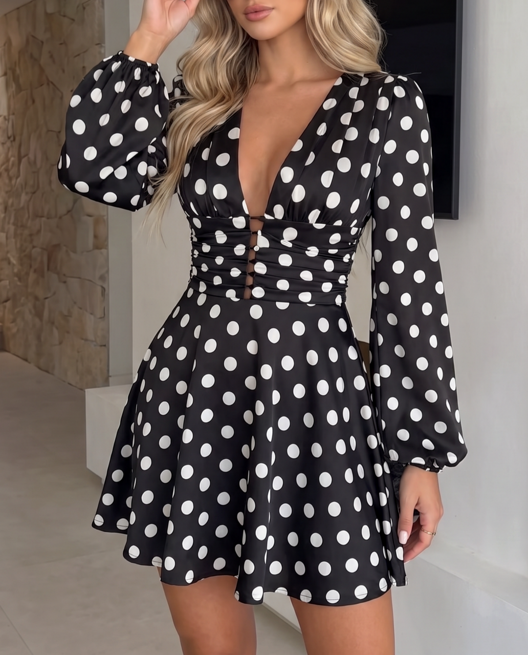 Polka Dot Deep V Neck Mini Dress