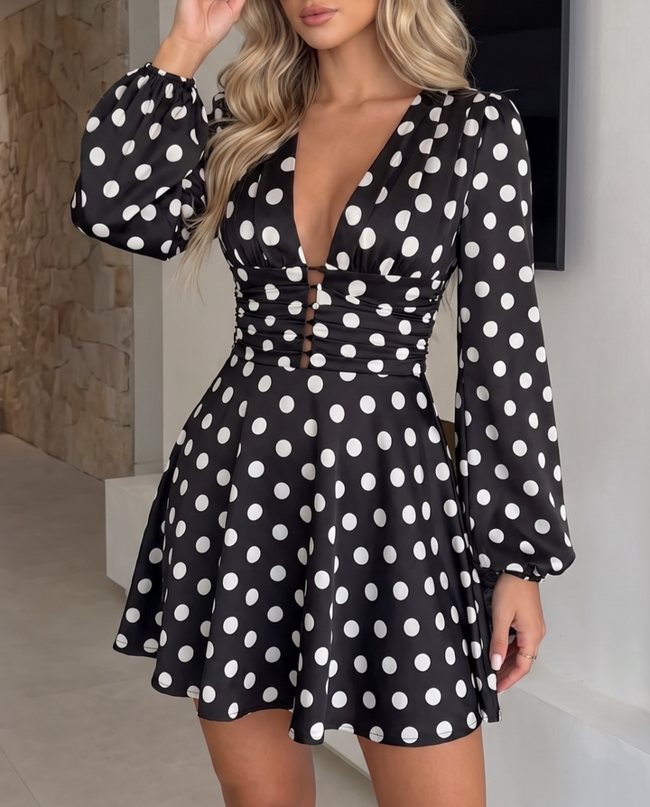 Polka Dot Deep V Neck Mini Dress
