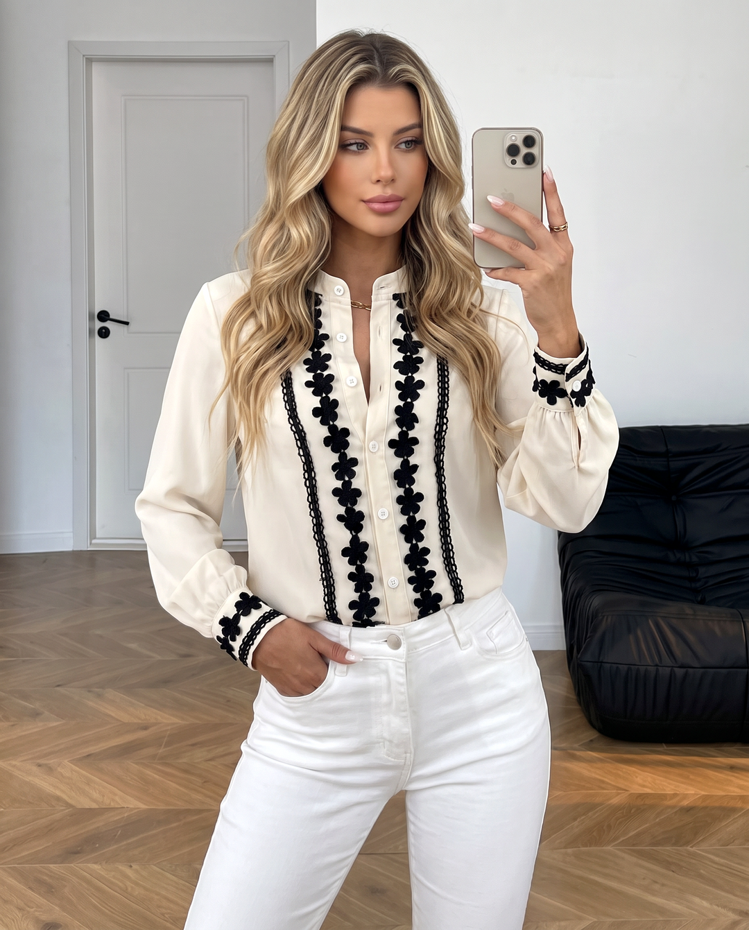 Floral Embroidery Button Front Long Sleeve Blouse