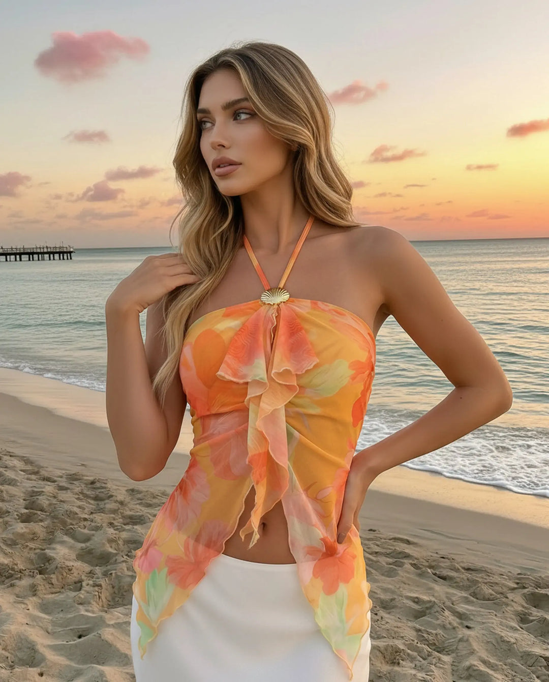 SOLACE  Orange Floral Print Halter Neck Ruffle Chiffon Asymmetrical Top 