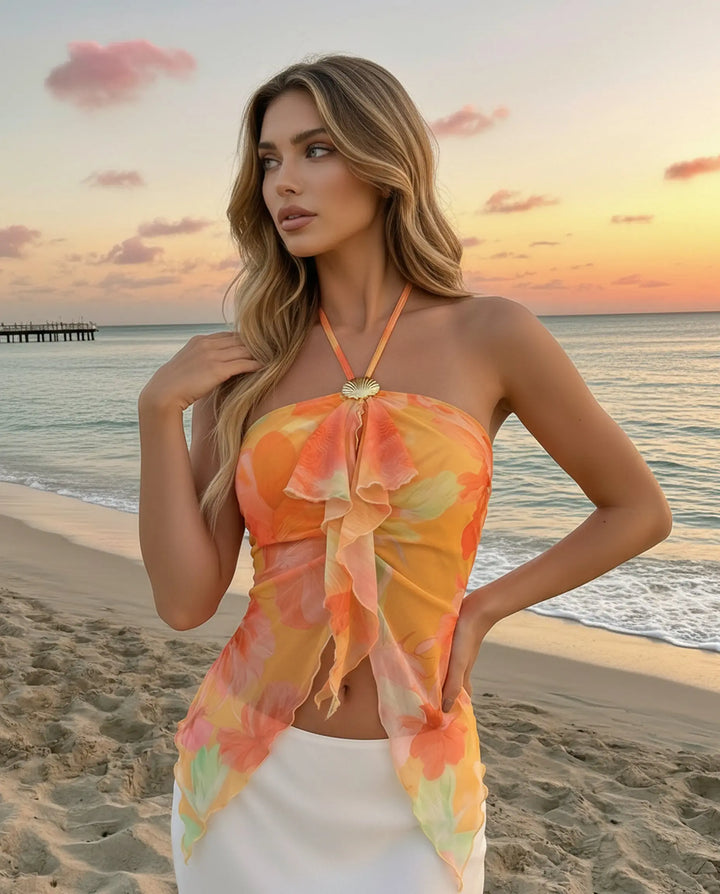 SOLACE  Orange Floral Print Halter Neck Ruffle Chiffon Asymmetrical Top 