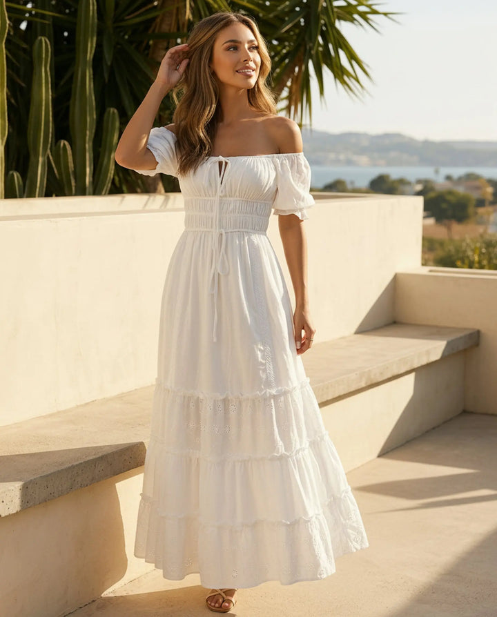 SOLACE  White Off-Shoulder Tiered Maxi Dress 