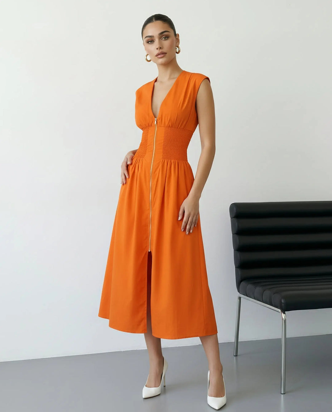 SOLACE  Orange V Neck Sleeveless Smocked Waist Midi Dress 