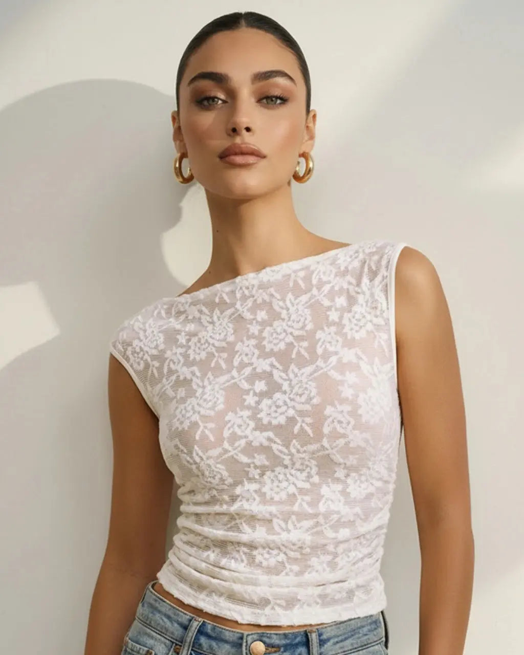 SOLACE  White Romantic One Shoulder Floral Lace Ruched Sheer Crop 
