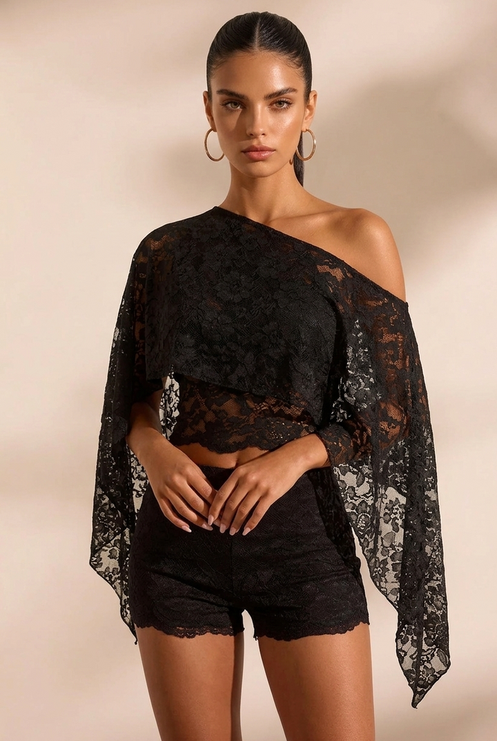 Flowy Cape Sleeve Sheer Lace Blouse