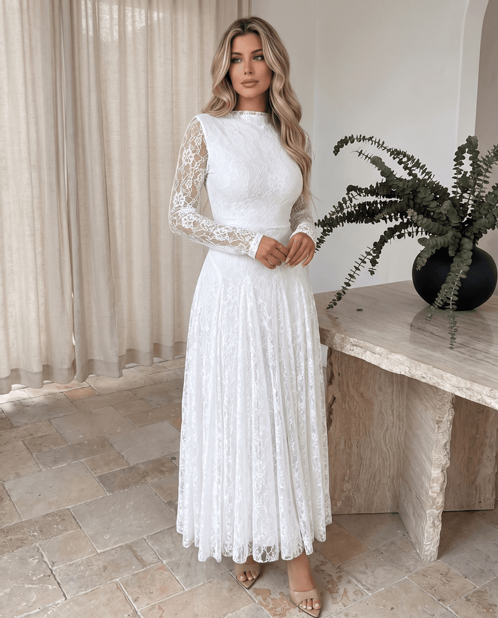 Elegant High‑Neck Lace Maxi Dress
