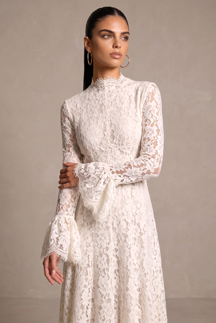 SOLACEFloral Lace High Neck Flare Sleeve Maxi Dress