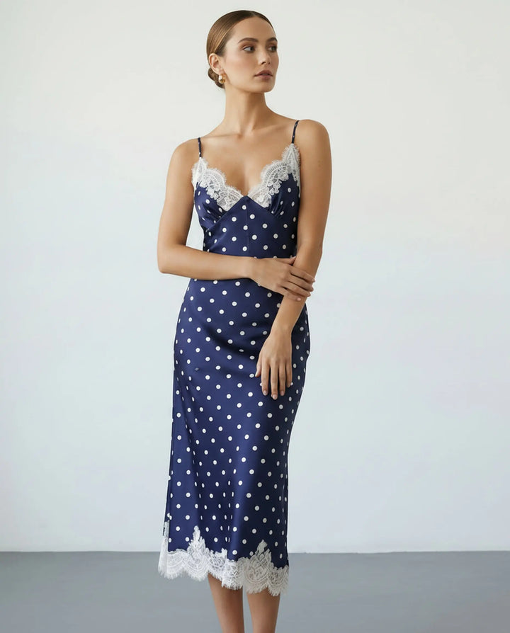 SOLACE  Navy Blue Polka Dot Lace Trim Satin Slip Midi Dress 
