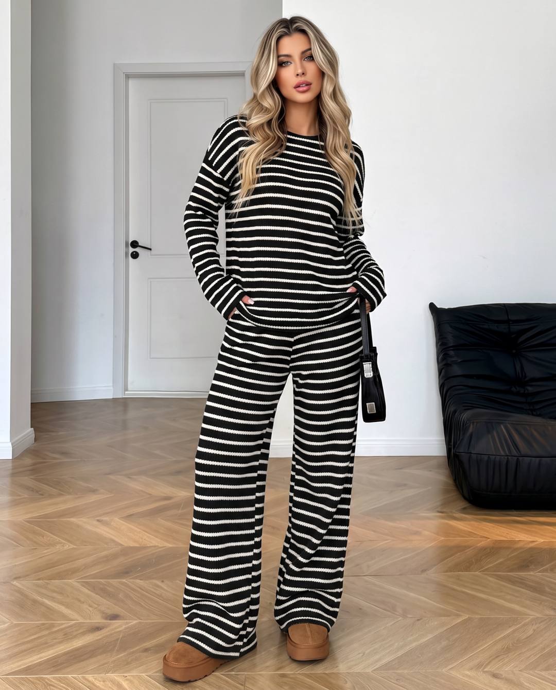 Striped Long Sleeve Loose Wide Leg Two Piece Set