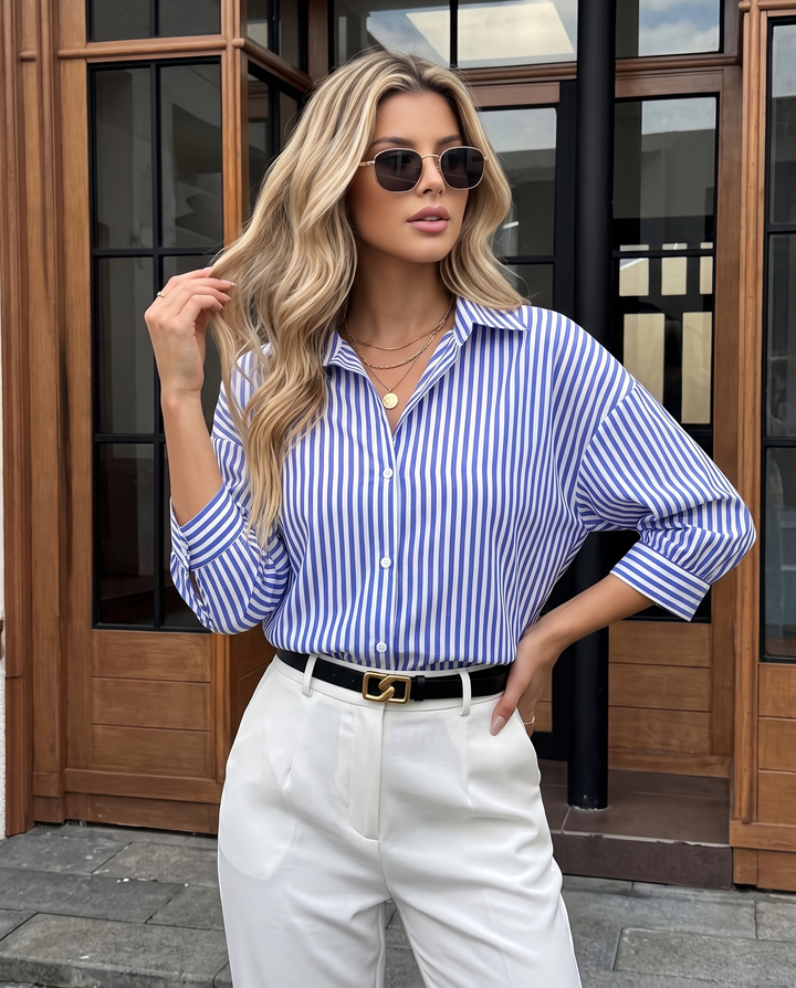 Stripe Collared Three Quarter Sleeve Button Down Shirt